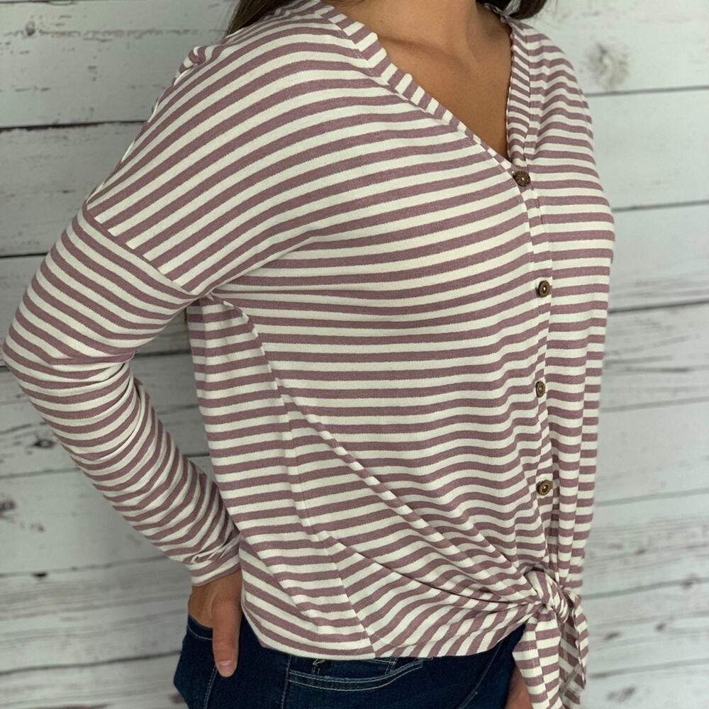 Main Strip Pink White Stripe V-Neck Top Large NWT
